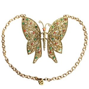 Butterfly Pendant Necklace Oversized Statement Gold Metal Cabochons Vintage DEC